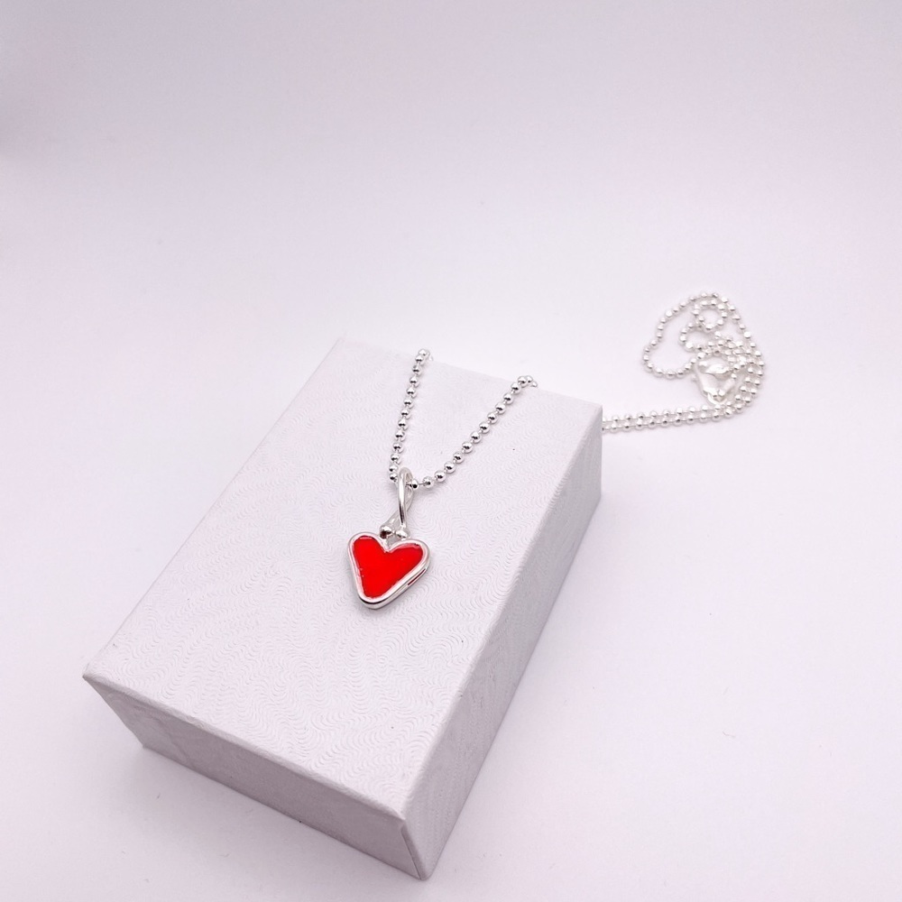 Sterling Silver Red Enamel Heart Necklace – 18” Chain – Handmade – New